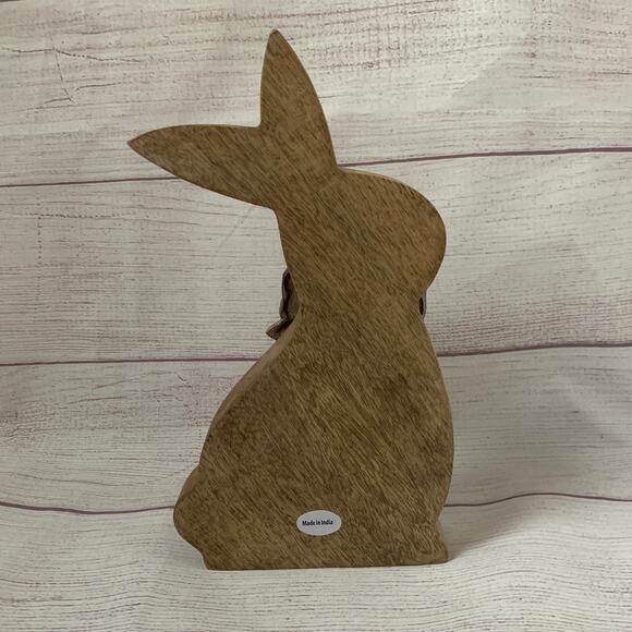 Wood Bunny Rabbit Figurine with Metal Silver Bow Easter Spring Farmhouse 9 3/4"H - Picture 4 of 12